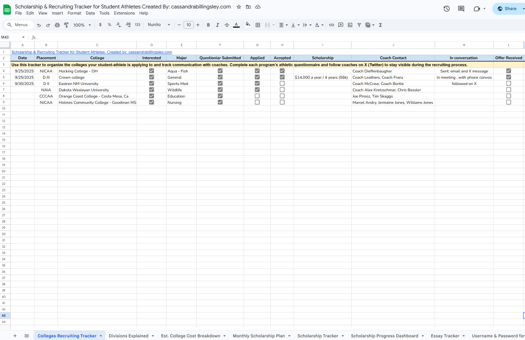 Scholarships tracking with student athlete college options